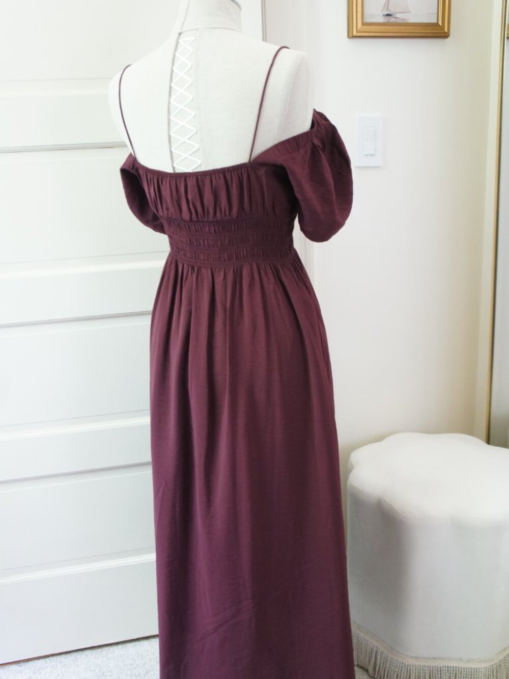 Abercrombie Long Burgundy Smocked Off the Shoulder Peasant Dress Size Small - Picture 4 of 10